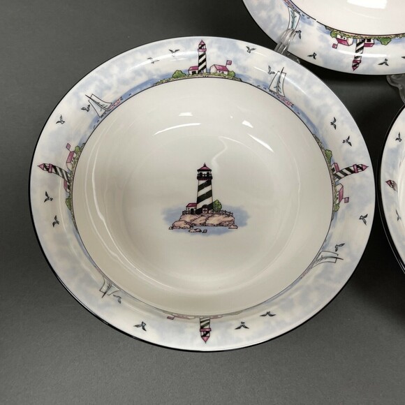 Stoneware Light House Sailboats White Blue Soup Cereal Bowls 7 1/4" Lot of 3 - Picture 4 of 8